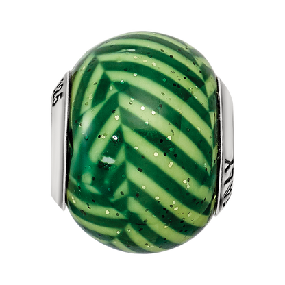 Sterling Silver Reflections Italian Green Stripes w/Glitter Glass Bead