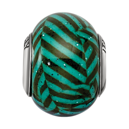 Sterling Silver Reflections Italian Teal Stripes w/Glitter Glass Bead