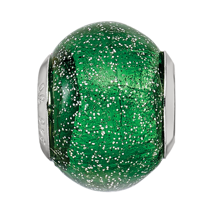 Sterling Silver Reflections Italian Green w/Silver Glitter Glass Bead