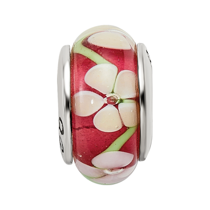 Sterling Silver Reflections Red Floral Hand-blown Glass Bead